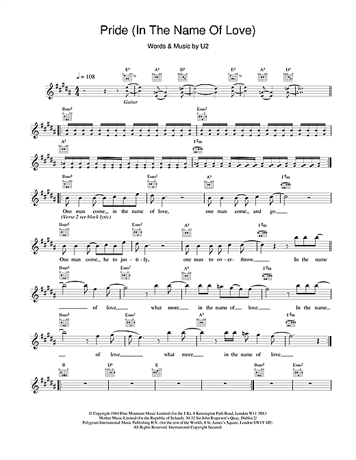 Learn to play U2 Pride (In The Name Of Love) sheet music for Melody Line, Lyrics & Chords in minutes. U2 Pride (In The Name Of Love) sheet music notes and chords. Download Printable PDF.