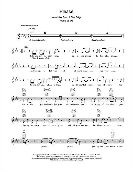 Learn to play U2 Please sheet music for Melody Line, Lyrics & Chords in minutes. U2 Please sheet music notes and chords. Download Printable PDF.