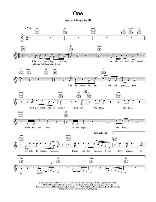 Learn to play U2 One sheet music for Melody Line, Lyrics & Chords in minutes. U2 One sheet music notes and chords. Download Printable PDF.