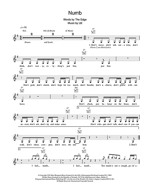 Learn to play U2 Numb sheet music for Melody Line, Lyrics & Chords in minutes. U2 Numb sheet music notes and chords. Download Printable PDF.