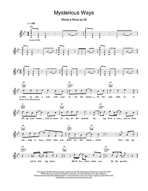 Learn to play U2 Mysterious Ways sheet music for Melody Line, Lyrics & Chords in minutes. U2 Mysterious Ways sheet music notes and chords. Download Printable PDF.