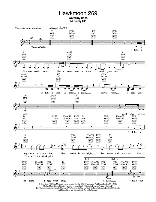 Learn to play U2 Hawkmoon 269 sheet music for Melody Line, Lyrics & Chords in minutes. U2 Hawkmoon 269 sheet music notes and chords. Download Printable PDF.