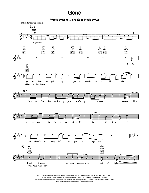 Learn to play U2 Gone sheet music for Melody Line, Lyrics & Chords in minutes. U2 Gone sheet music notes and chords. Download Printable PDF.