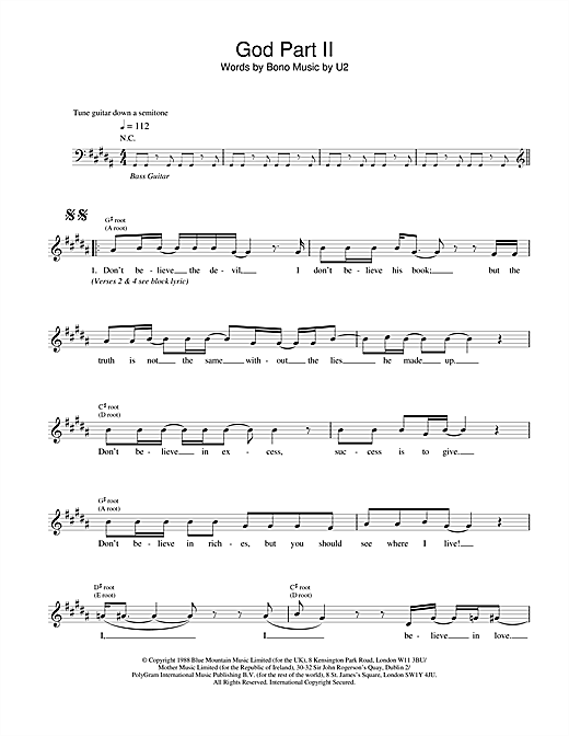 Learn to play U2 God Part II sheet music for Melody Line, Lyrics & Chords in minutes. U2 God Part II sheet music notes and chords. Download Printable PDF.