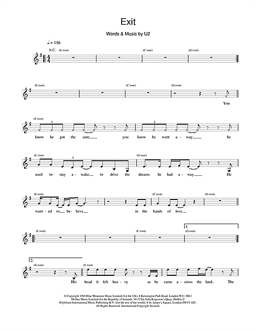 Learn to play U2 Exit sheet music for Melody Line, Lyrics & Chords in minutes. U2 Exit sheet music notes and chords. Download Printable PDF.