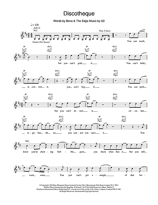 Learn to play U2 Discotheque sheet music for Melody Line, Lyrics & Chords in minutes. U2 Discotheque sheet music notes and chords. Download Printable PDF.
