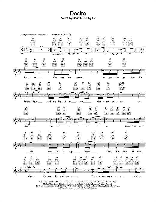 Learn to play U2 Desire sheet music for Melody Line, Lyrics & Chords in minutes. U2 Desire sheet music notes and chords. Download Printable PDF.