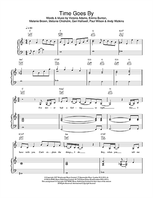 Learn to play The Spice Girls Time Goes By sheet music for Piano, Vocal & Guitar in minutes. The Spice Girls Time Goes By sheet music notes and chords. Download Printable PDF.