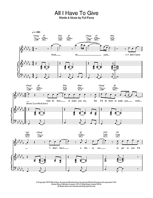 Learn to play Backstreet Boys All I Have To Give sheet music for Piano, Vocal & Guitar in minutes. Backstreet Boys All I Have To Give sheet music notes and chords. Download Printable PDF.