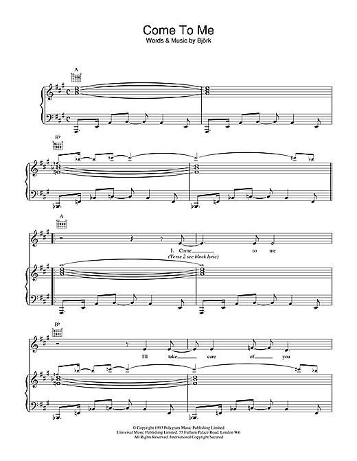 Learn to play Bjork Come To Me sheet music for Piano, Vocal & Guitar in minutes. Bjork Come To Me sheet music notes and chords. Download Printable PDF.