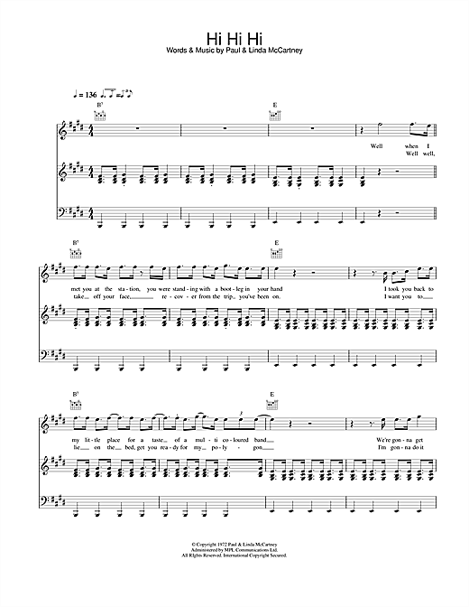 Learn to play Paul McCartney & Wings Hi Hi Hi sheet music for Piano, Vocal & Guitar in minutes. Paul McCartney & Wings Hi Hi Hi sheet music notes and chords. Download Printable PDF.