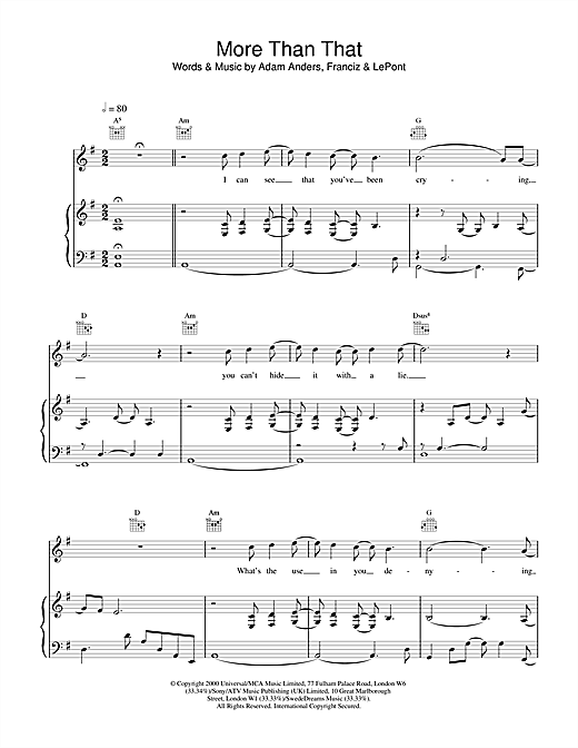 Learn to play Backstreet Boys More Than That sheet music for Piano, Vocal & Guitar in minutes. Backstreet Boys More Than That sheet music notes and chords. Download Printable PDF.