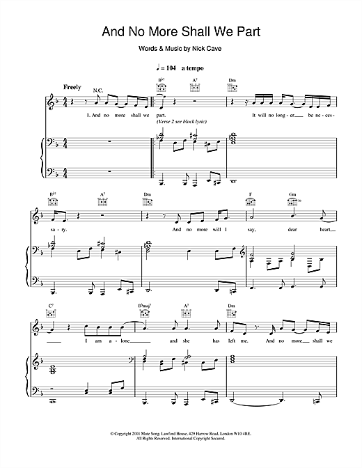 Learn to play Nick Cave And No More Shall We Part sheet music for Piano, Vocal & Guitar in minutes. Nick Cave And No More Shall We Part sheet music notes and chords. Download Printable PDF.