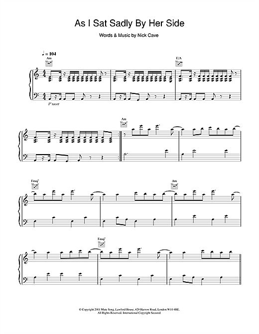 Learn to play Nick Cave As I Sat Sadly By Her Side sheet music for Piano, Vocal & Guitar in minutes. Nick Cave As I Sat Sadly By Her Side sheet music notes and chords. Download Printable PDF.