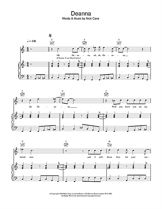 Learn to play Nick Cave Deanna sheet music for Piano, Vocal & Guitar in minutes. Nick Cave Deanna sheet music notes and chords. Download Printable PDF.