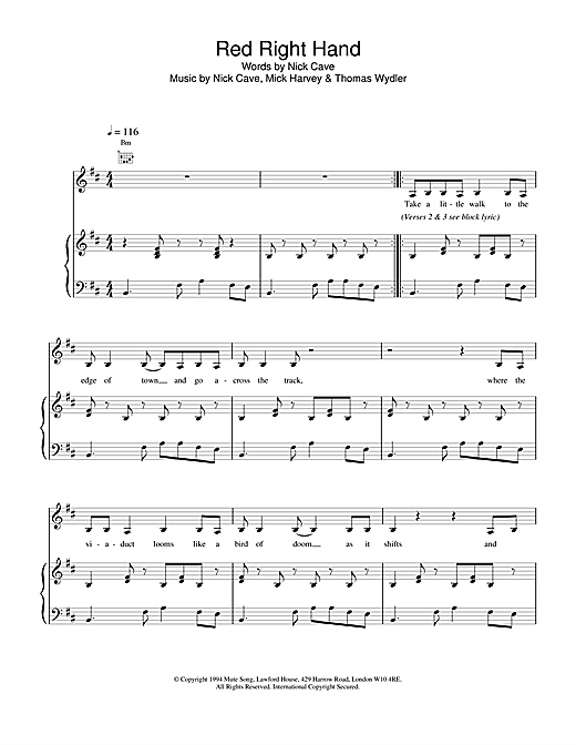 Learn to play Nick Cave Red Right Hand sheet music for Piano, Vocal & Guitar in minutes. Nick Cave Red Right Hand sheet music notes and chords. Download Printable PDF.