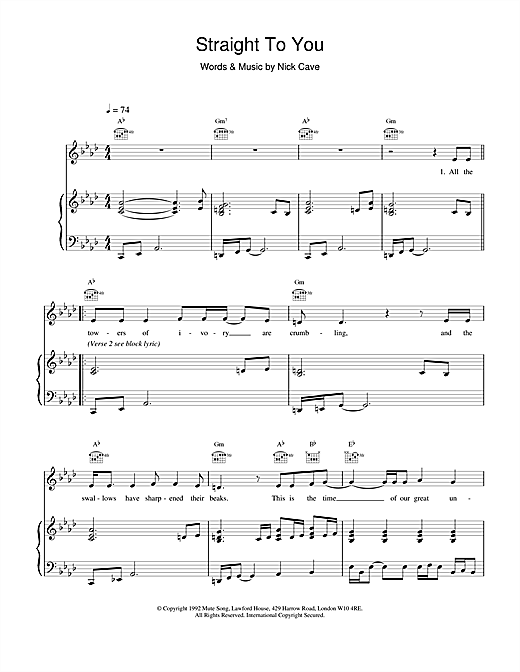 Learn to play Nick Cave Straight To You sheet music for Piano, Vocal & Guitar in minutes. Nick Cave Straight To You sheet music notes and chords. Download Printable PDF.