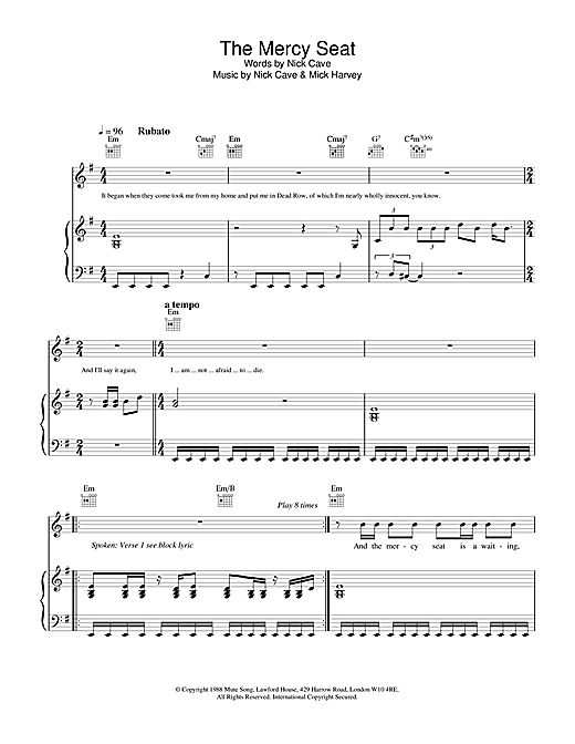 Learn to play Nick Cave The Mercy Seat sheet music for Piano, Vocal & Guitar in minutes. Nick Cave The Mercy Seat sheet music notes and chords. Download Printable PDF.