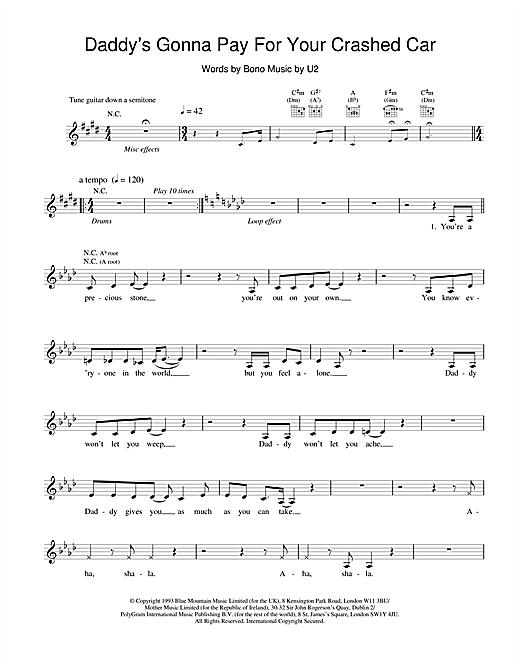 Learn to play U2 Daddy's Gonna Pay For Your Crashed Car sheet music for Melody Line, Lyrics & Chords in minutes. U2 Daddy's Gonna Pay For Your Crashed Car sheet music notes and chords. Download Printable PDF.