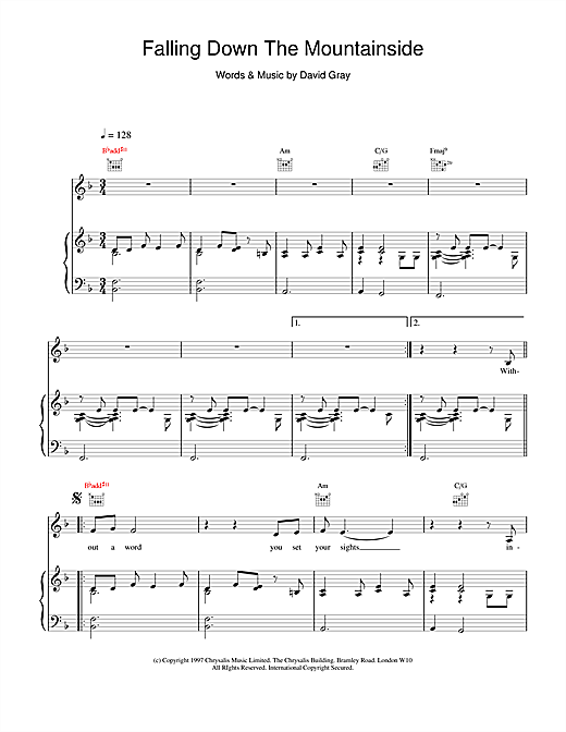 Learn to play David Gray Falling Down The Mountainside sheet music for Piano, Vocal & Guitar (Right-Hand Melody) in minutes. David Gray Falling Down The Mountainside sheet music notes and chords. Download Printable PDF.