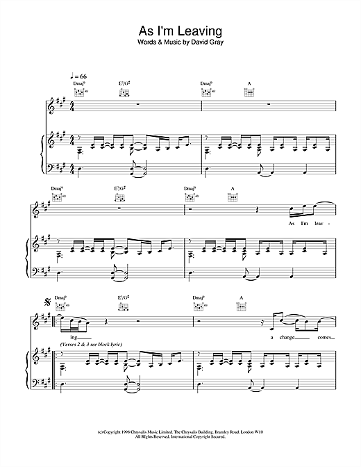 Learn to play David Gray As I'm Leaving sheet music for Piano, Vocal & Guitar in minutes. David Gray As I'm Leaving sheet music notes and chords. Download Printable PDF.