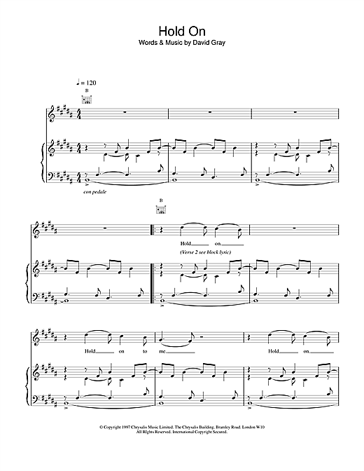 Learn to play David Gray Hold On sheet music for Piano, Vocal & Guitar in minutes. David Gray Hold On sheet music notes and chords. Download Printable PDF.