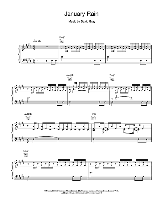 Learn to play David Gray January Rain sheet music for Piano, Vocal & Guitar in minutes. David Gray January Rain sheet music notes and chords. Download Printable PDF.