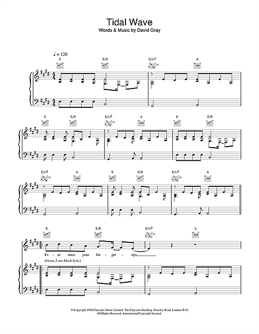 Learn to play David Gray Tidal Wave sheet music for Piano, Vocal & Guitar in minutes. David Gray Tidal Wave sheet music notes and chords. Download Printable PDF.