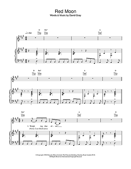 Learn to play David Gray Red Moon sheet music for Piano, Vocal & Guitar in minutes. David Gray Red Moon sheet music notes and chords. Download Printable PDF.