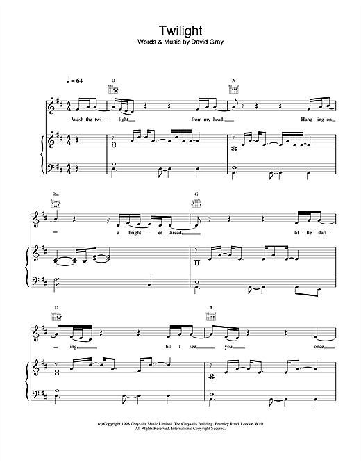 Learn to play David Gray Twilight sheet music for Piano, Vocal & Guitar in minutes. David Gray Twilight sheet music notes and chords. Download Printable PDF.