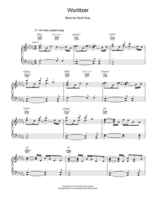 Learn to play David Gray Wurlizer sheet music for Piano, Vocal & Guitar in minutes. David Gray Wurlizer sheet music notes and chords. Download Printable PDF.