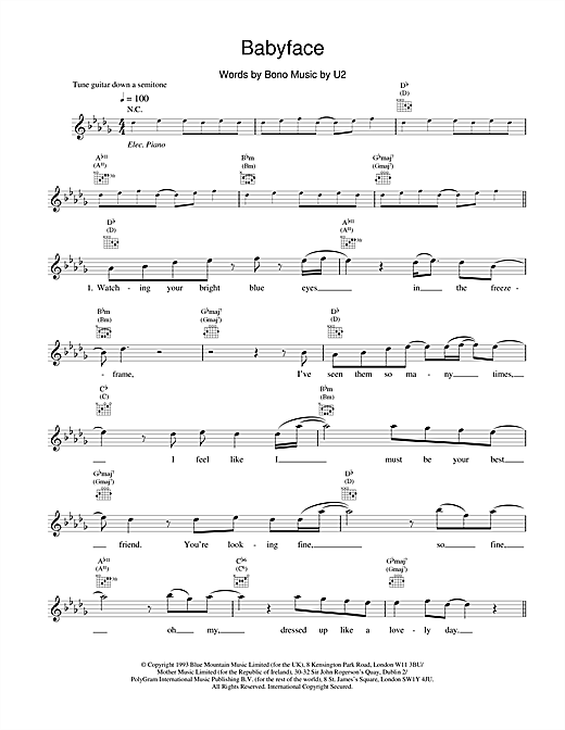 Learn to play U2 Babyface sheet music for Melody Line, Lyrics & Chords in minutes. U2 Babyface sheet music notes and chords. Download Printable PDF.