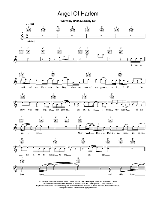 Learn to play U2 Angel Of Harlem sheet music for Melody Line, Lyrics & Chords in minutes. U2 Angel Of Harlem sheet music notes and chords. Download Printable PDF.