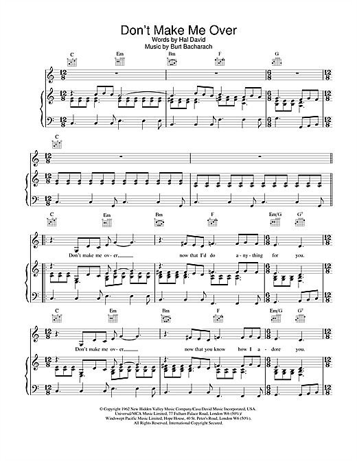 Learn to play Connie Francis Don't Make Me Over sheet music for Piano, Vocal & Guitar (Right-Hand Melody) in minutes. Connie Francis Don't Make Me Over sheet music notes and chords. Download Printable PDF.