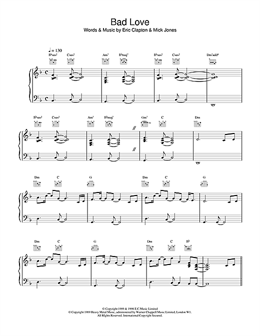 Learn to play Eric Clapton Bad Love sheet music for Piano, Vocal & Guitar (Right-Hand Melody) in minutes. Eric Clapton Bad Love sheet music notes and chords. Download Printable PDF.