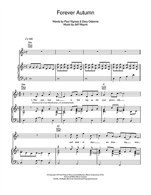 Learn to play Jeff Wayne Forever Autumn (from War Of The Worlds) sheet music for Piano, Vocal & Guitar (Right-Hand Melody) in minutes. Jeff Wayne Forever Autumn (from War Of The Worlds) sheet music notes and chords. Download Printable PDF.