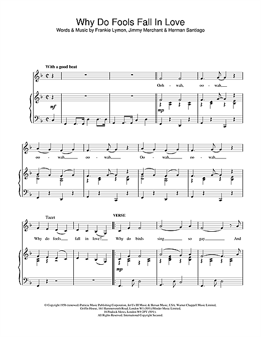 Learn to play Frankie Lymon Why Do Fools Fall In Love sheet music for Piano, Vocal & Guitar (Right-Hand Melody) in minutes. Frankie Lymon Why Do Fools Fall In Love sheet music notes and chords. Download Printable PDF.