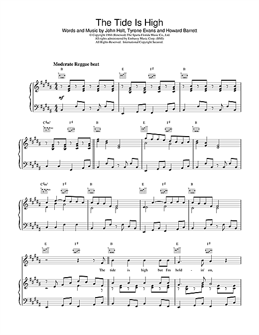 Learn to play Blondie The Tide Is High sheet music for Piano, Vocal & Guitar (Right-Hand Melody) in minutes. Blondie The Tide Is High sheet music notes and chords. Download Printable PDF.
