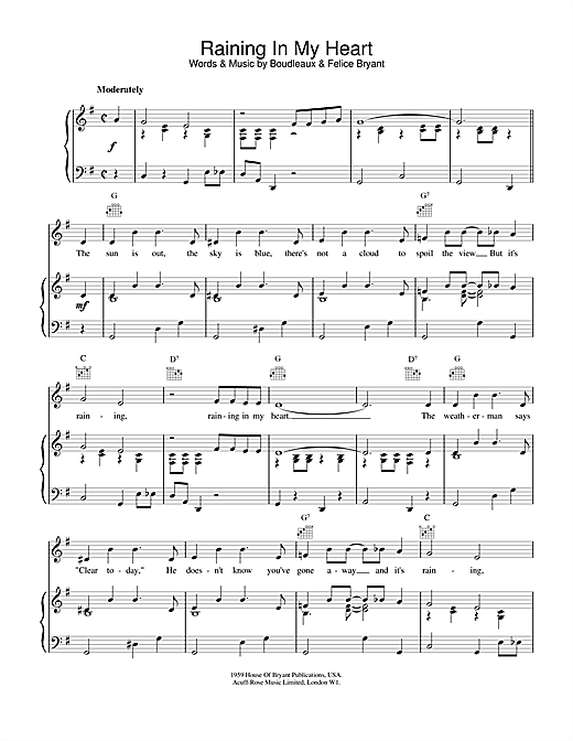 Learn to play Roy Orbison Raining In My Heart sheet music for Piano, Vocal & Guitar (Right-Hand Melody) in minutes. Roy Orbison Raining In My Heart sheet music notes and chords. Download Printable PDF.