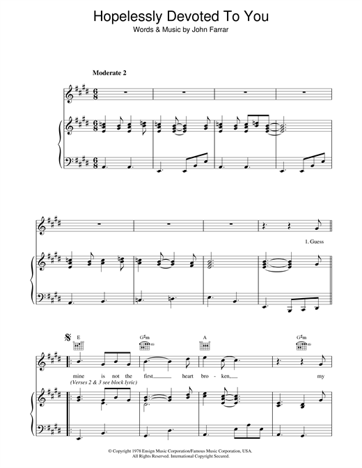 Learn to play Olivia Newton-John Hopelessly Devoted To You (from Grease) sheet music for Piano, Vocal & Guitar (Right-Hand Melody) in minutes. Olivia Newton-John Hopelessly Devoted To You (from Grease) sheet music notes and chords. Download Printable PDF.