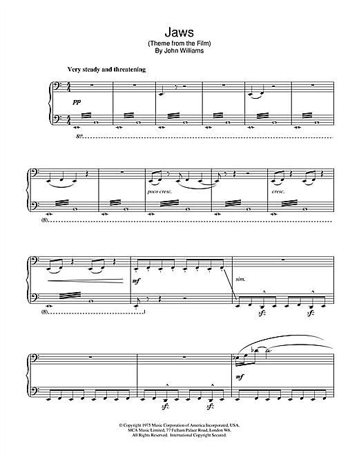 Learn to play John Williams Jaws (Theme from the Film) sheet music for Piano in minutes. John Williams Jaws (Theme from the Film) sheet music notes and chords. Download Printable PDF.