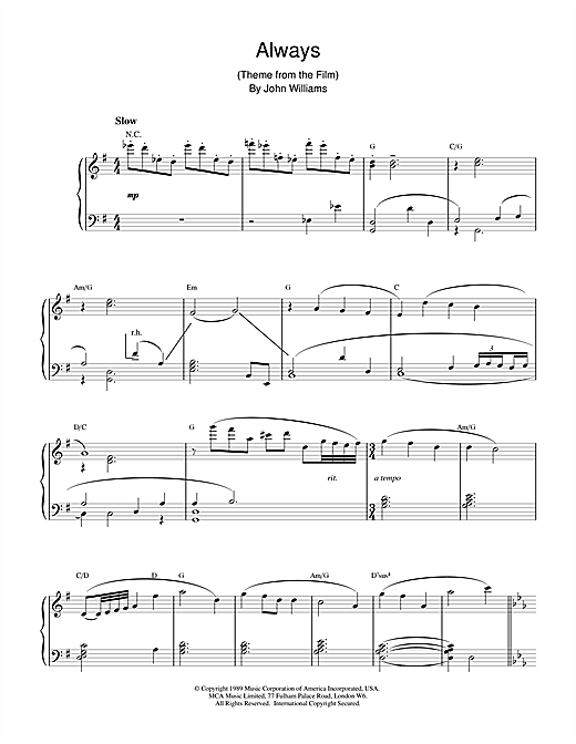 Learn to play John Williams Always sheet music for Piano in minutes. John Williams Always sheet music notes and chords. Download Printable PDF.