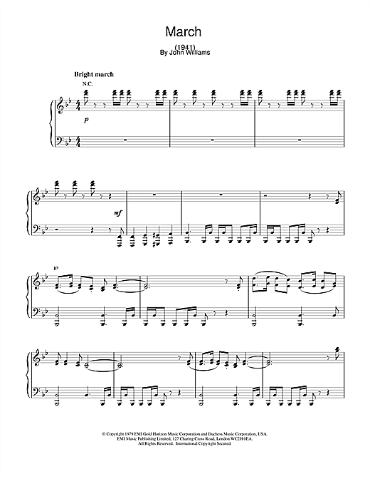 Learn to play John Williams March (from 1941) sheet music for Piano in minutes. John Williams March (from 1941) sheet music notes and chords. Download Printable PDF.