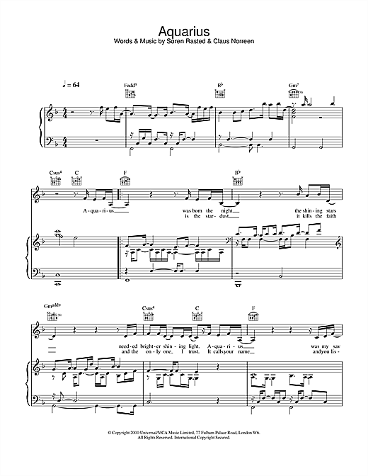 Learn to play Aqua Aquarius sheet music for Piano, Vocal & Guitar in minutes. Aqua Aquarius sheet music notes and chords. Download Printable PDF.