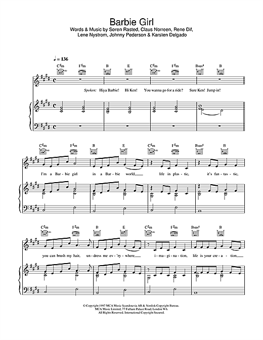 Learn to play Aqua Barbie Girl sheet music for Piano, Vocal & Guitar (Right-Hand Melody) in minutes. Aqua Barbie Girl sheet music notes and chords. Download Printable PDF.