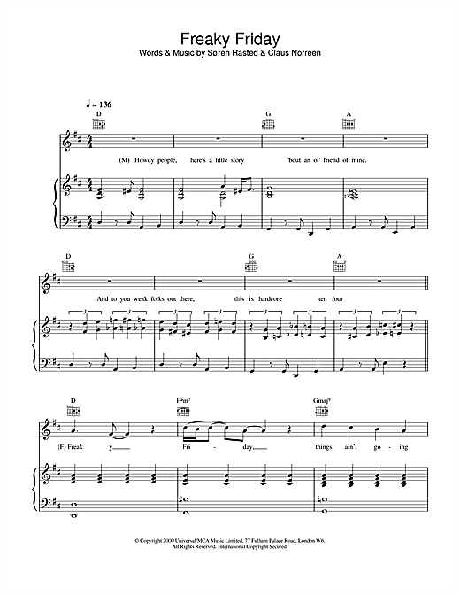 Learn to play Aqua Freaky Friday sheet music for Piano, Vocal & Guitar in minutes. Aqua Freaky Friday sheet music notes and chords. Download Printable PDF.