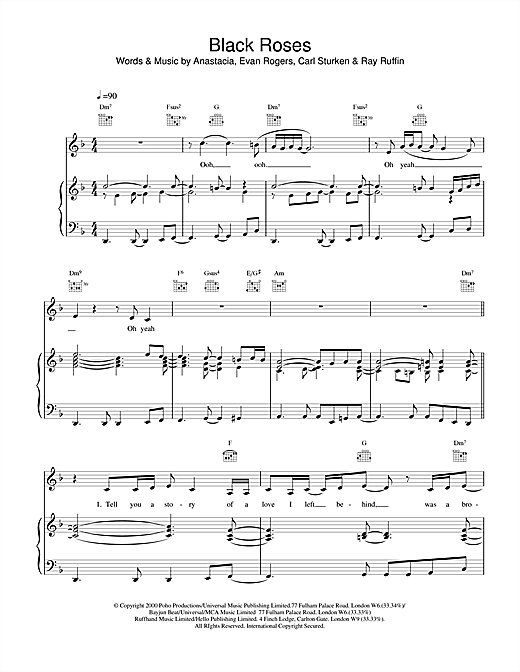 Learn to play Anastacia Black Roses sheet music for Piano, Vocal & Guitar (Right-Hand Melody) in minutes. Anastacia Black Roses sheet music notes and chords. Download Printable PDF.