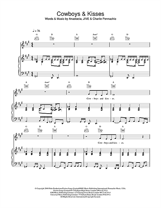 Learn to play Anastacia Cowboys & Kisses sheet music for Piano, Vocal & Guitar (Right-Hand Melody) in minutes. Anastacia Cowboys & Kisses sheet music notes and chords. Download Printable PDF.