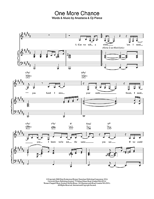 Learn to play Anastacia One More Chance sheet music for Piano, Vocal & Guitar in minutes. Anastacia One More Chance sheet music notes and chords. Download Printable PDF.