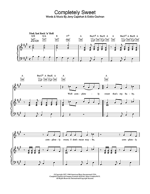 Learn to play Eddie Cochran Completely Sweet sheet music for Piano, Vocal & Guitar (Right-Hand Melody) in minutes. Eddie Cochran Completely Sweet sheet music notes and chords. Download Printable PDF.